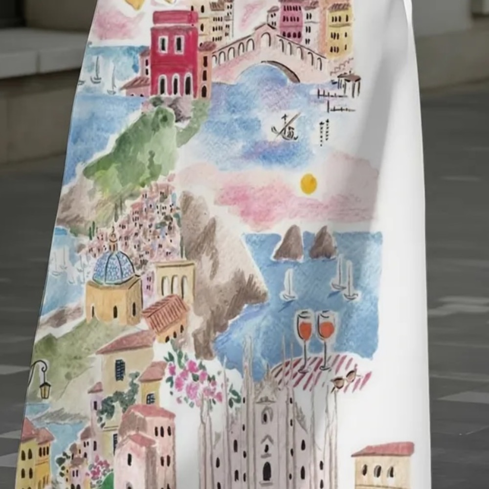 White Scenic Print Midi Skirt